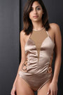 Satin Semi-Sheer Mesh Ring Open Sides Bodysuit