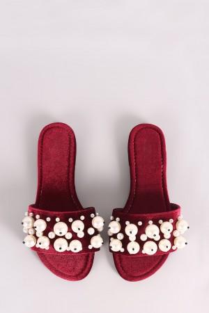 Faux Pearls Velvet Slide Sandals - NoveltyOne