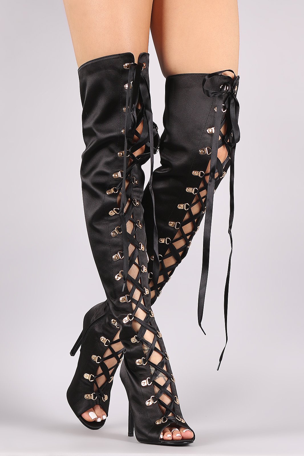 Satin Ribbon Lace-Up Stiletto Over-The-Knee Boots
