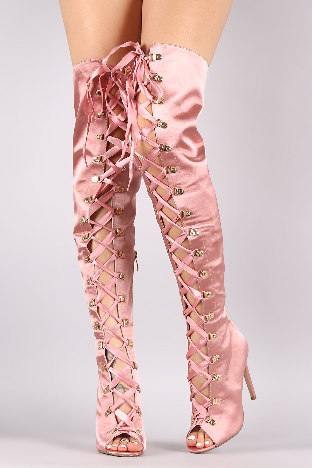 Satin Ribbon Lace-Up Stiletto Over-The-Knee Boots
