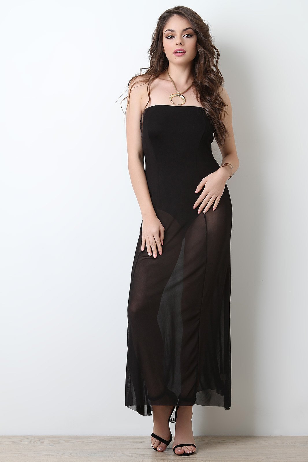 Strapless Tube Bodysuit Mesh Maxi Dress
