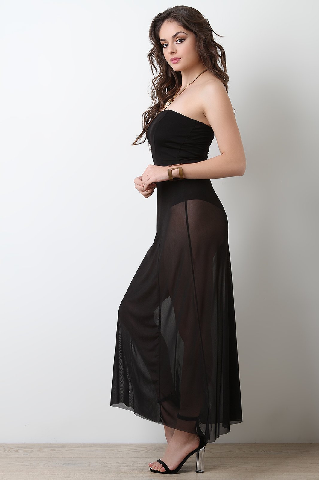 Strapless Tube Bodysuit Mesh Maxi Dress