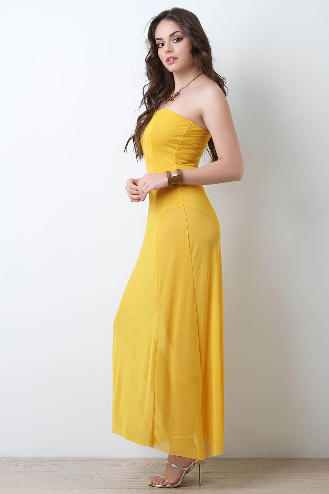 Strapless Tube Bodysuit Mesh Maxi Dress