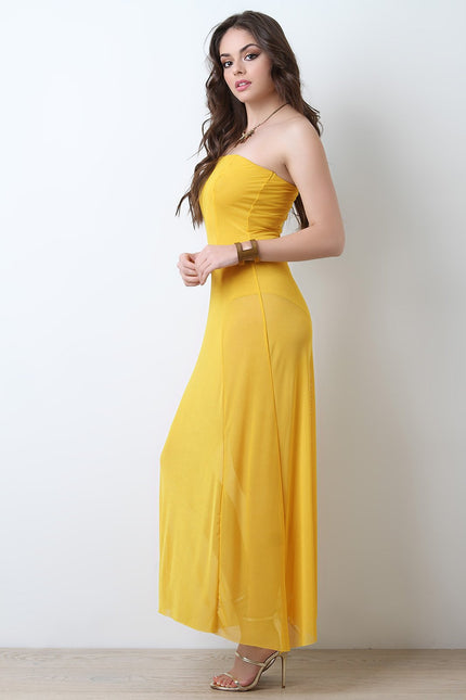 Strapless Tube Bodysuit Mesh Maxi Dress