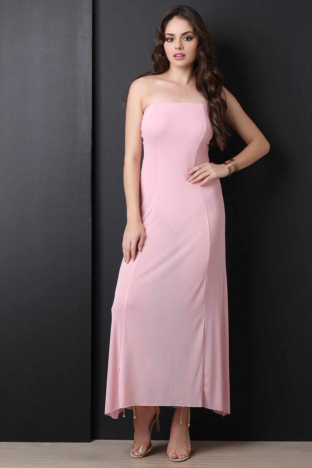 Strapless Tube Bodysuit Mesh Maxi Dress