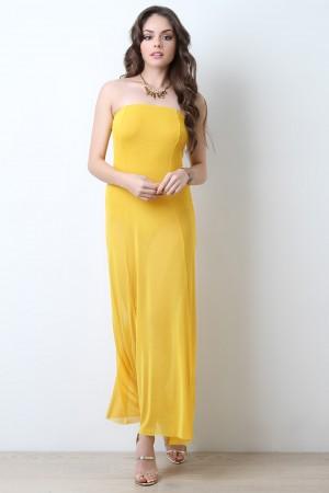 Strapless Tube Bodysuit Mesh Maxi Dress