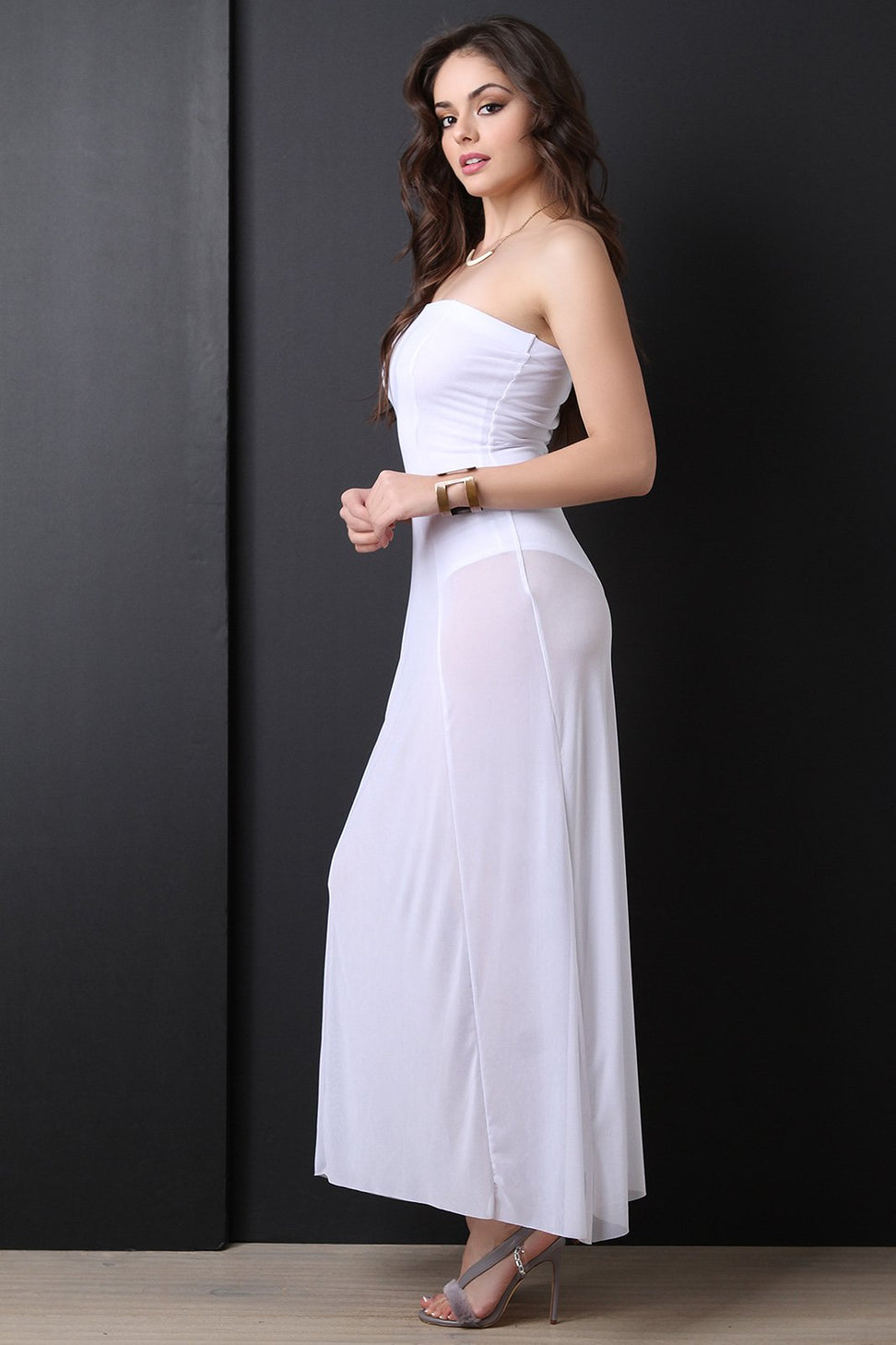 Strapless Tube Bodysuit Mesh Maxi Dress