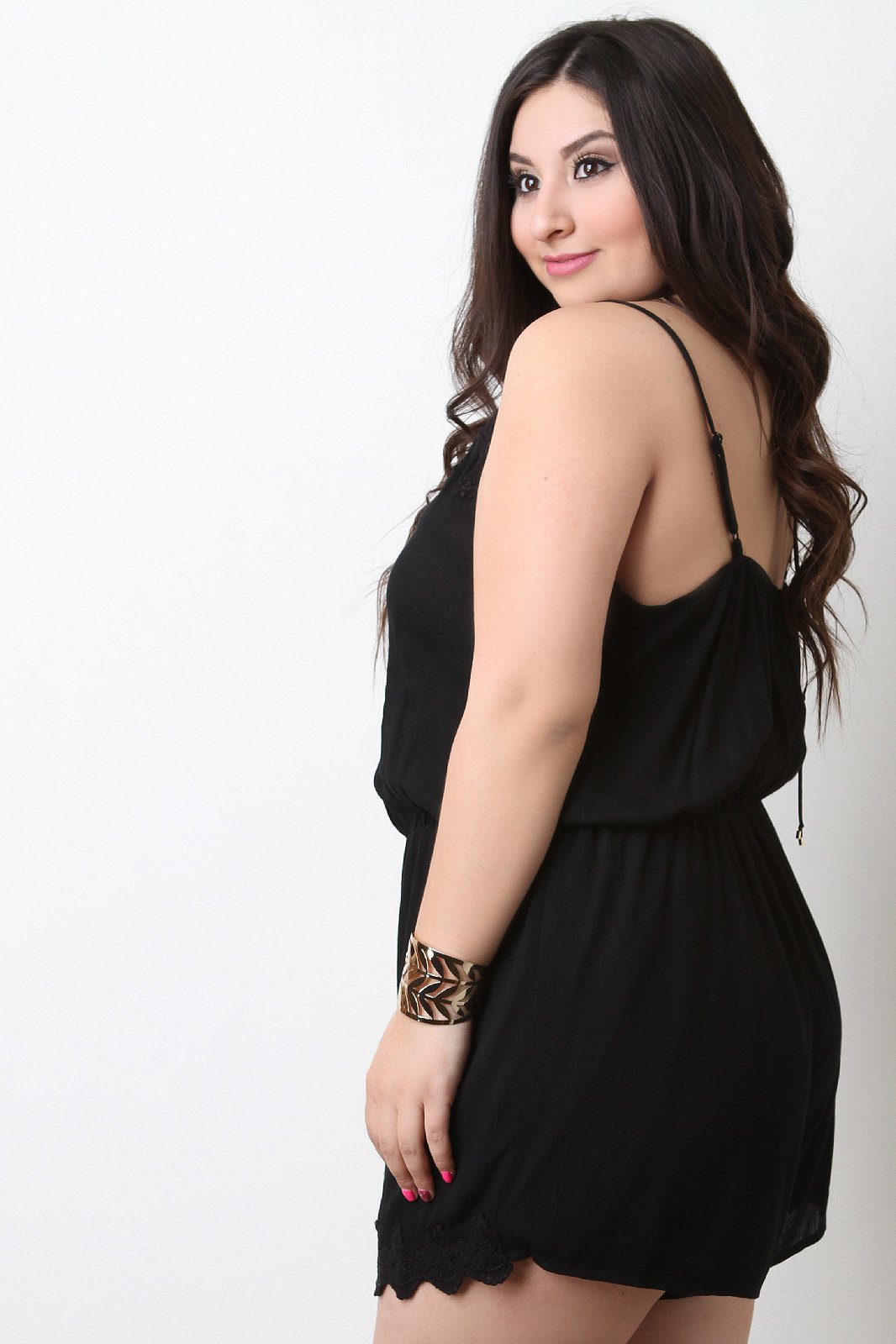 Spaghetti Strap Crochet Trim Button Up Romper