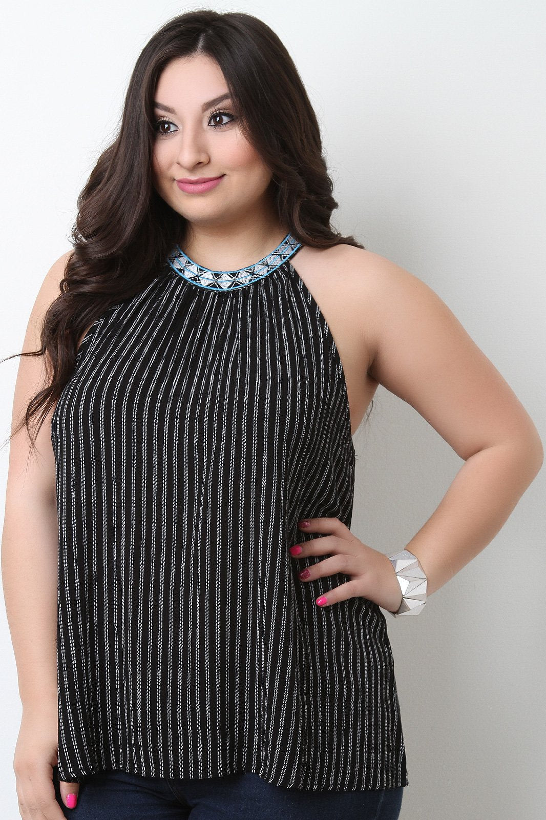 Sleeveless Embroidery Mock Neck Striped Top