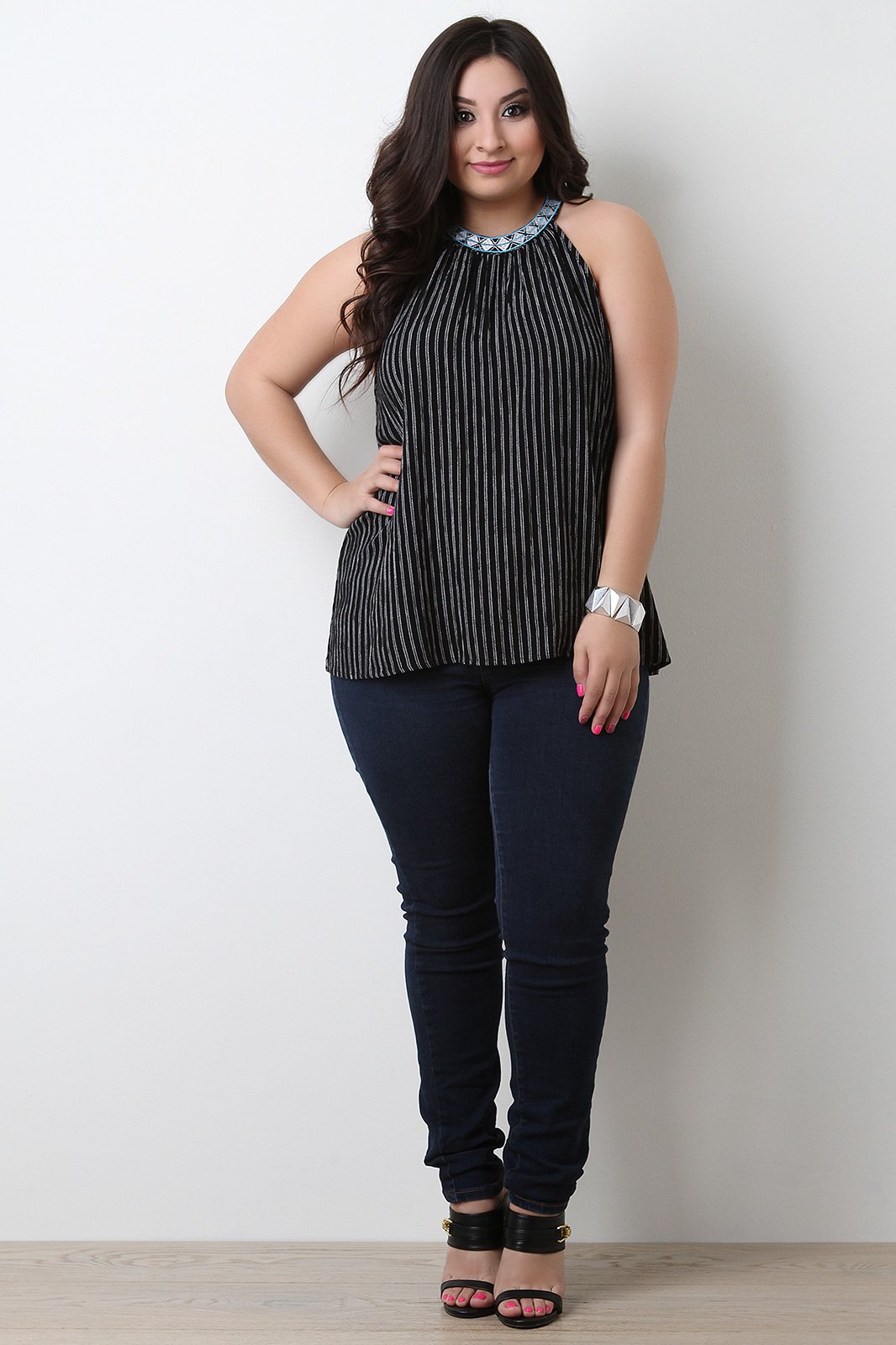 Sleeveless Embroidery Mock Neck Striped Top