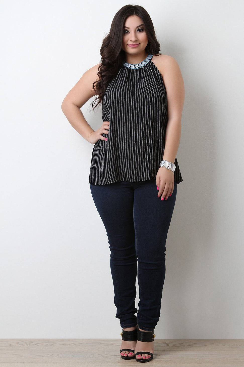 Sleeveless Embroidery Mock Neck Striped Top