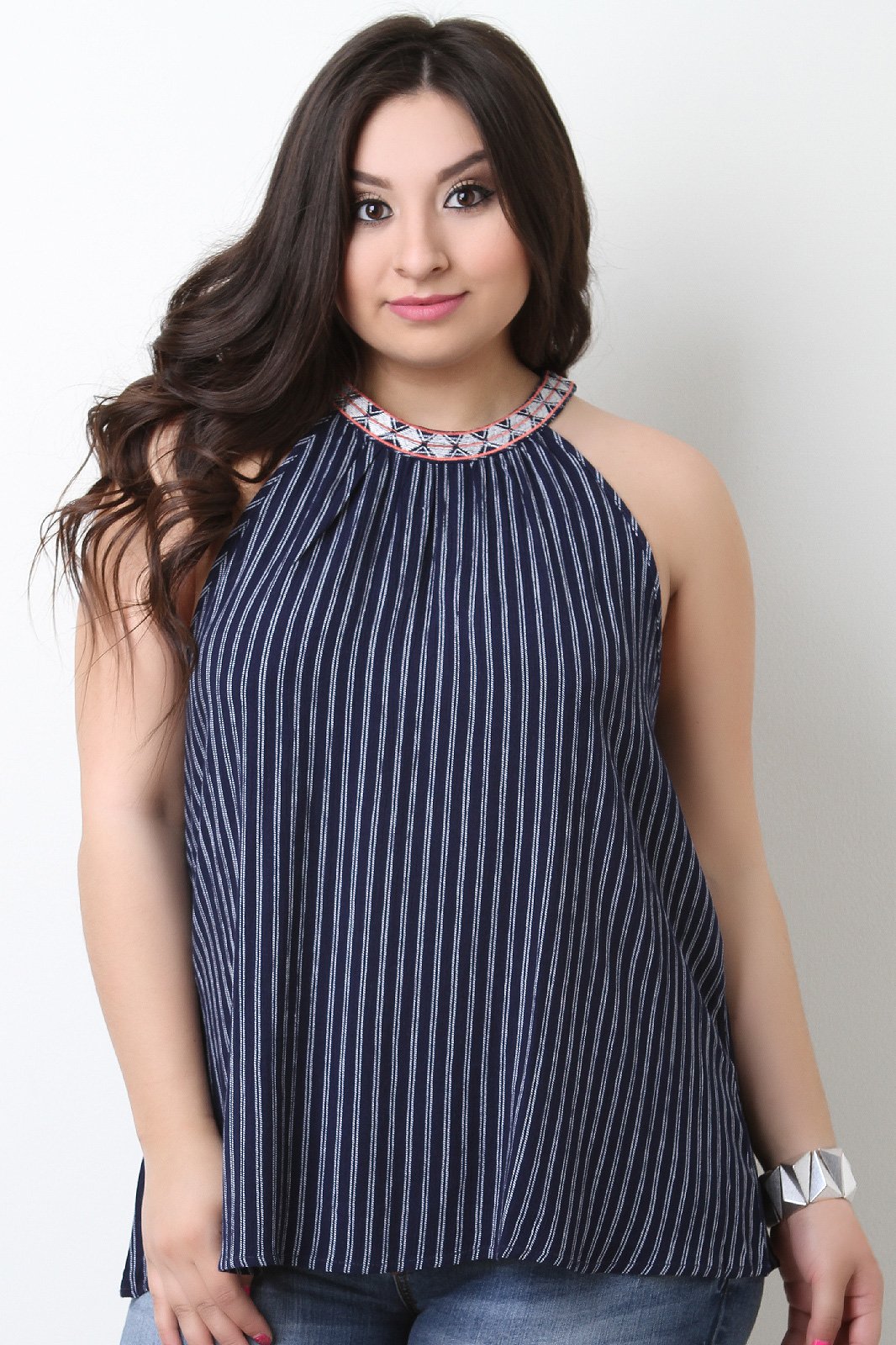 Sleeveless Embroidery Mock Neck Striped Top