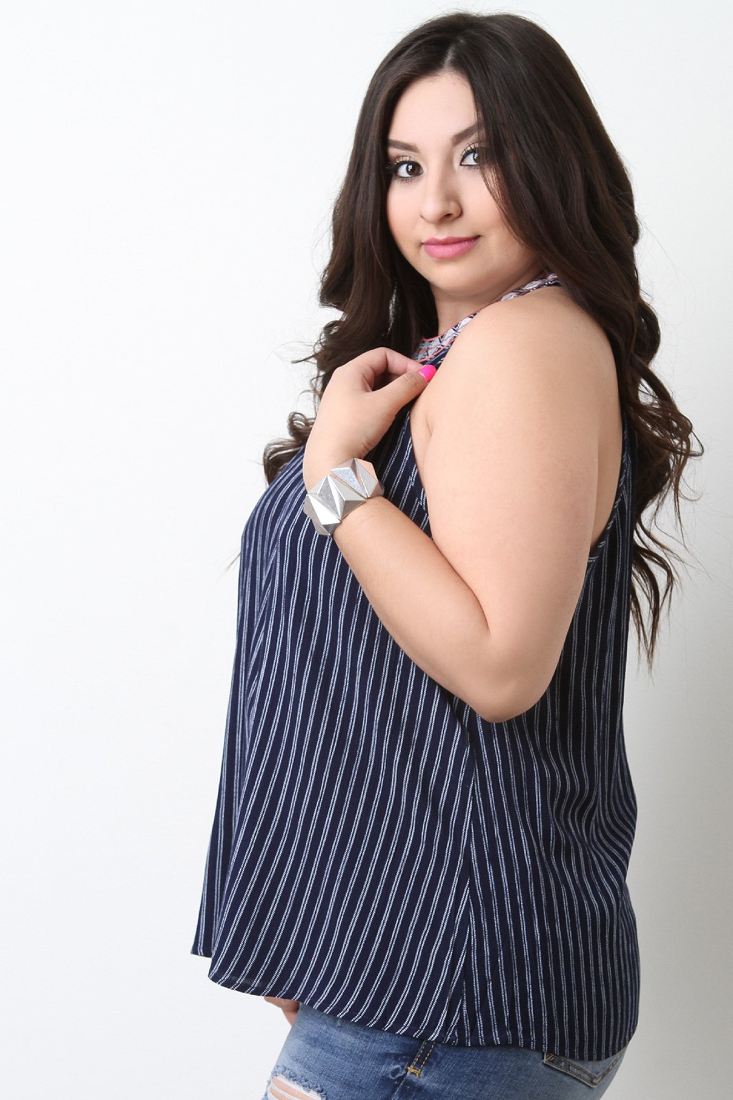 Sleeveless Embroidery Mock Neck Striped Top