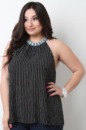 Sleeveless Embroidery Mock Neck Striped Top