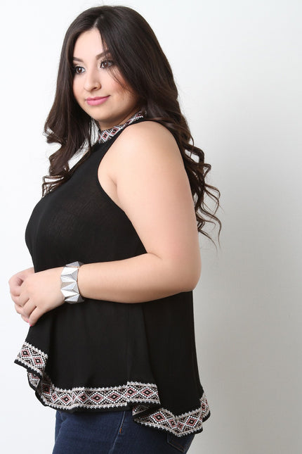 Sleeveless Embroidery Mock Neck Top