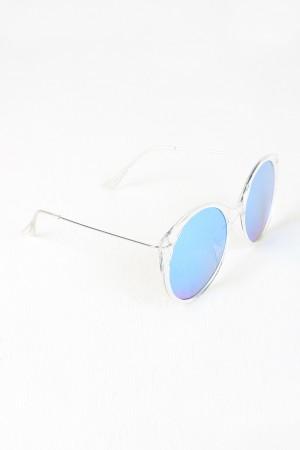 Clear Frame Round Mirrored Sunglasses