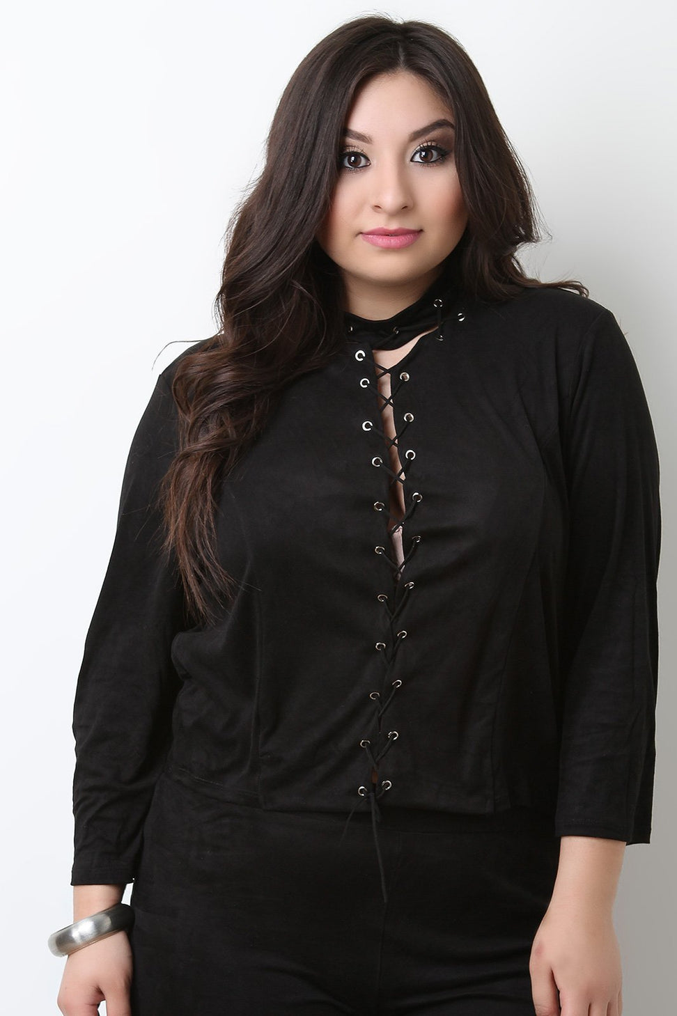 Suede Mock Neck Lace-Up Crop Top