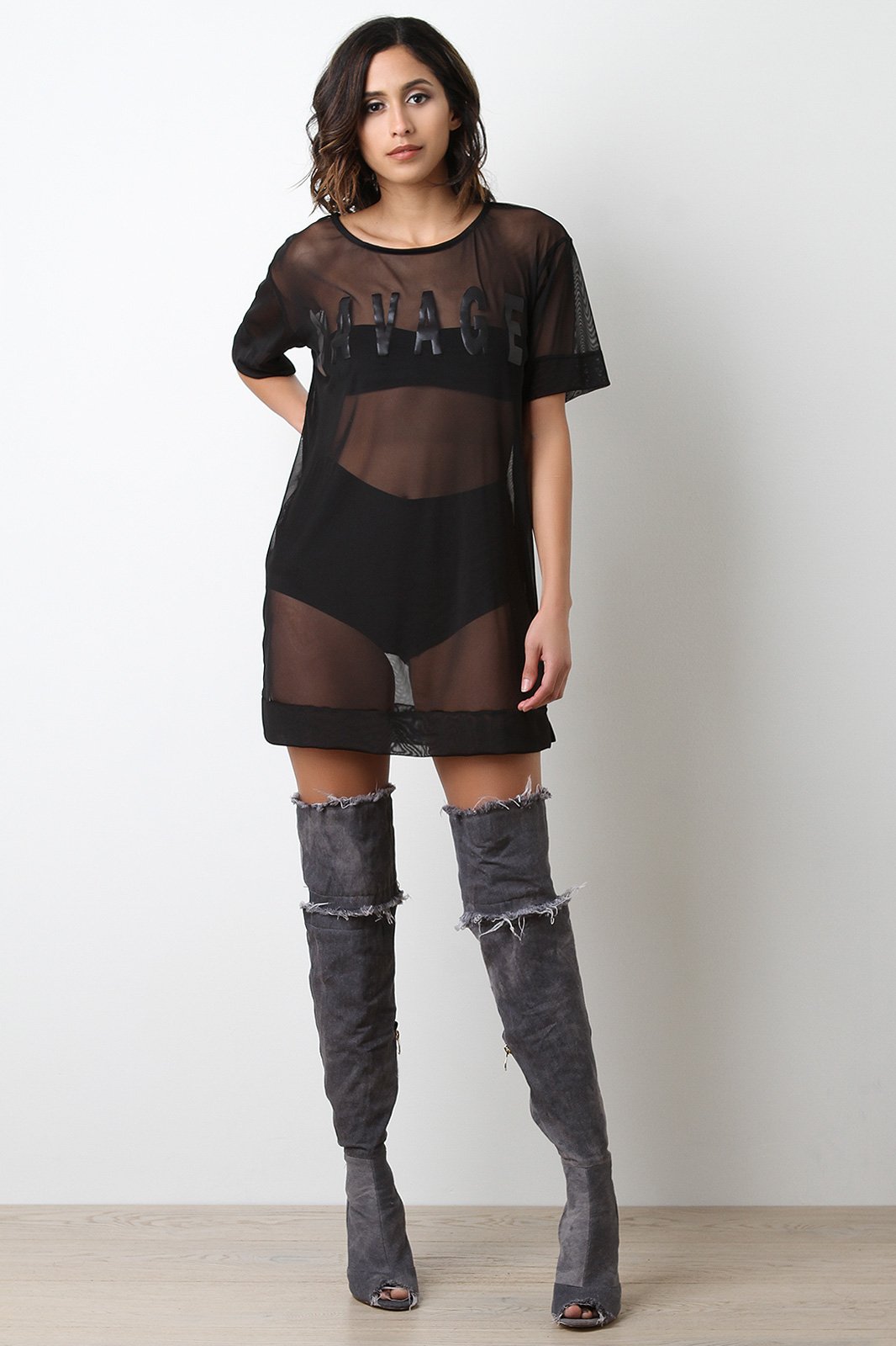 Savage Vegan Leather Graphic Mesh Tunic Shift Dress