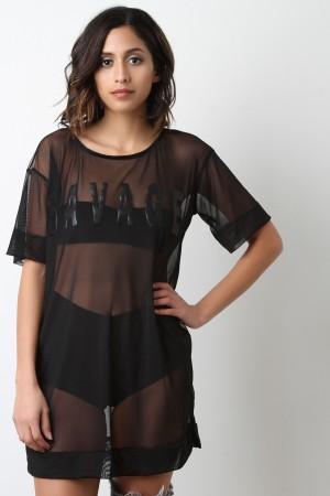 Savage Vegan Leather Graphic Mesh Tunic Shift Dress