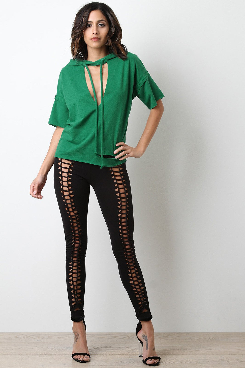 Distressed Terry Knit Hooded Short Sleeves Top - NoveltyOne