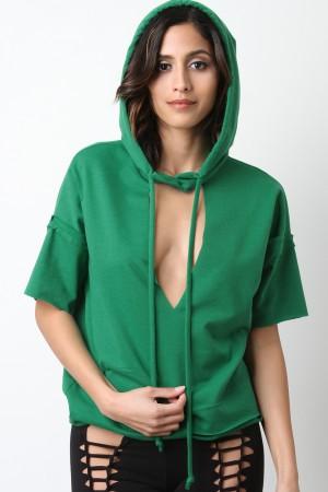 Distressed Terry Knit Hooded Short Sleeves Top - NoveltyOne