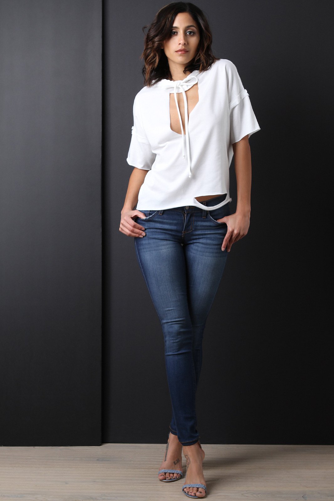 Distressed Terry Knit Hooded Short Sleeves Top - NoveltyOne