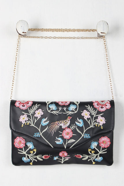 Embroidered Floral Bird Clutch Bag