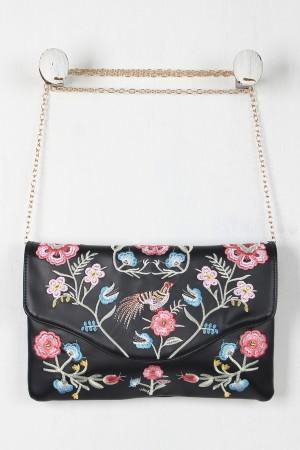 Embroidered Floral Bird Clutch Bag