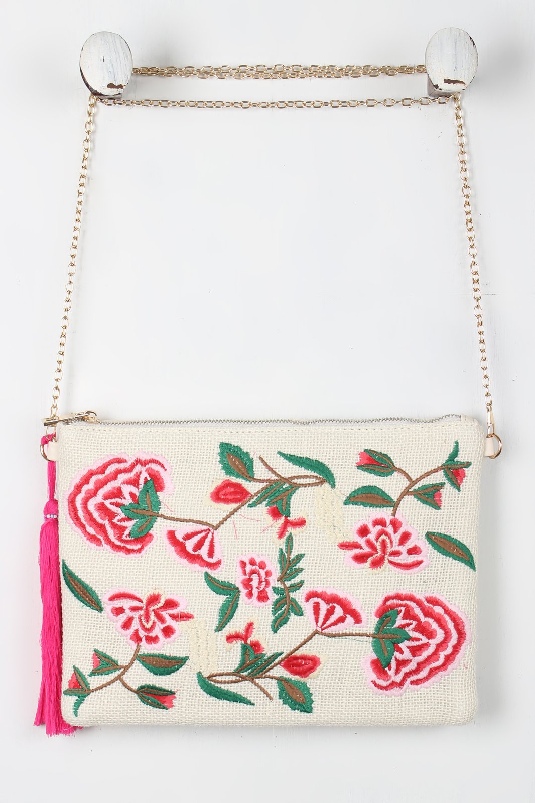 Embroidered Floral Tassel Bag