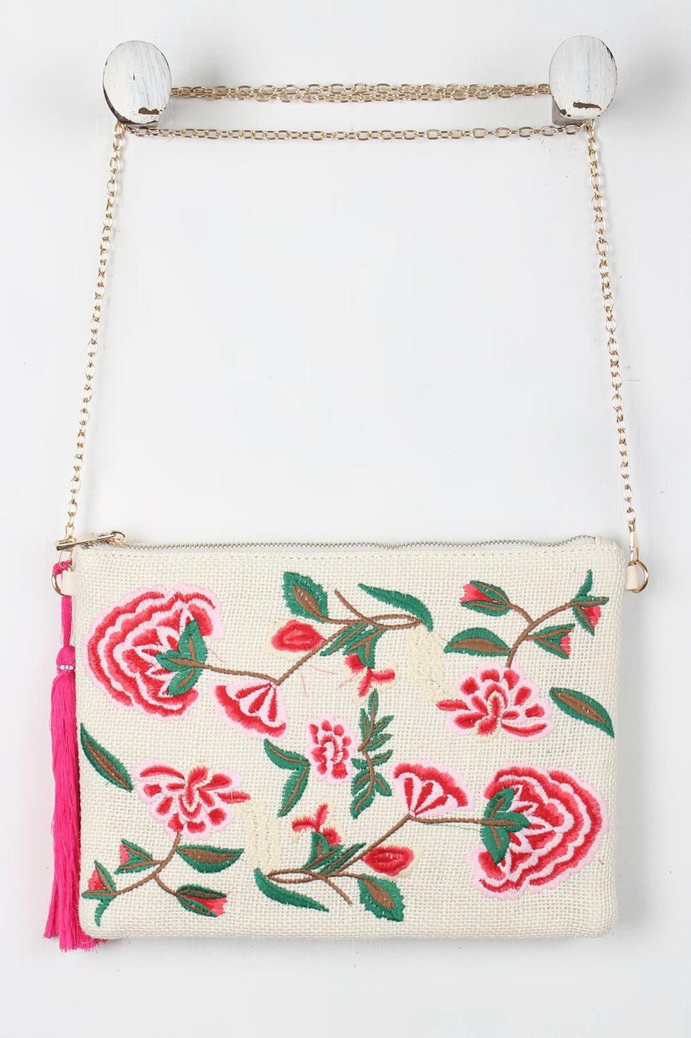 Embroidered Floral Tassel Bag