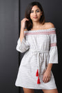 Embroidered Textured Smocked Bardot Dress