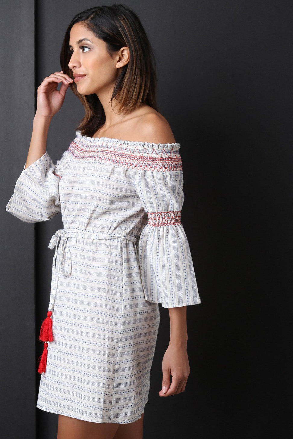 Embroidered Textured Smocked Bardot Dress