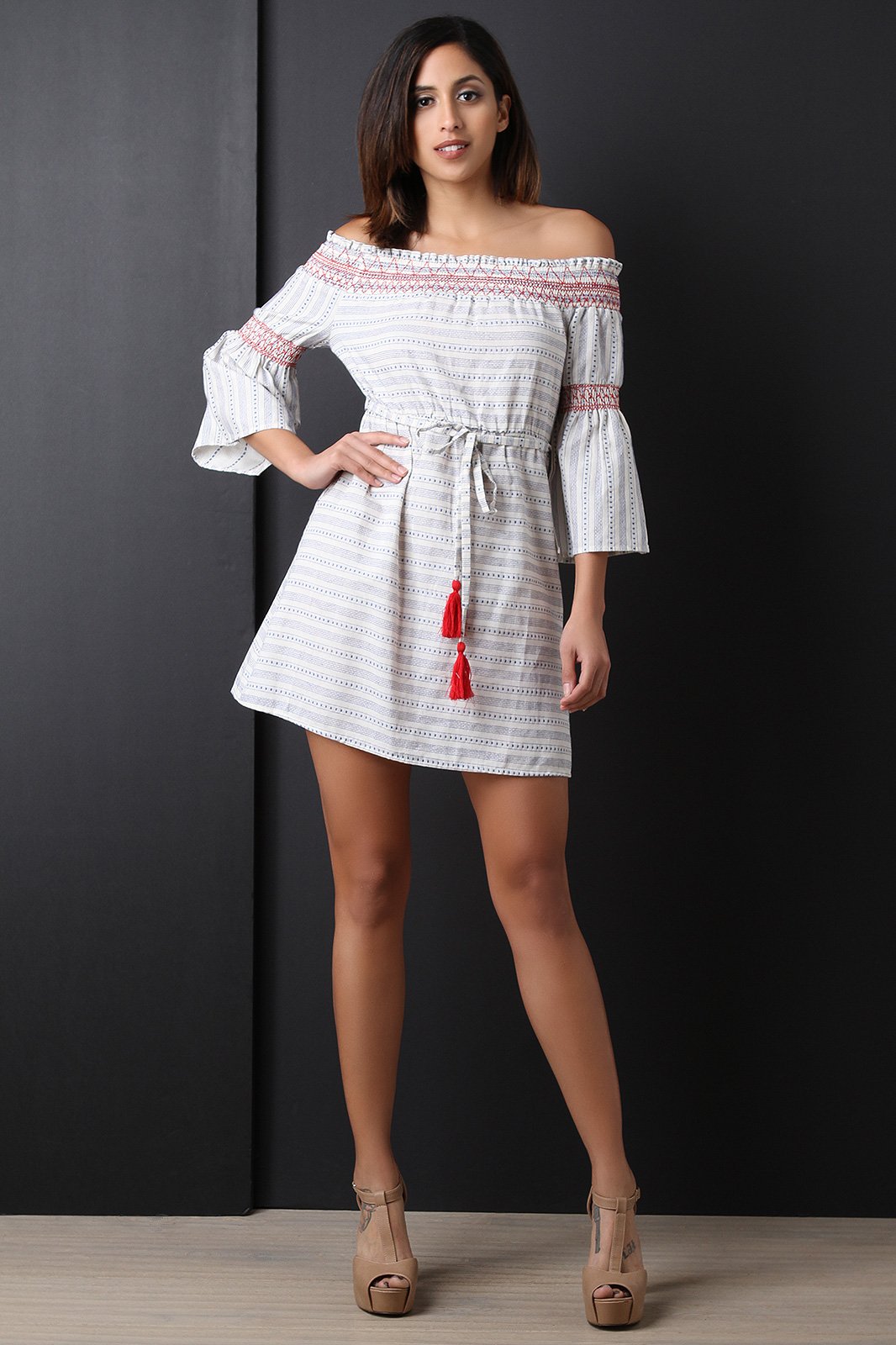Embroidered Textured Smocked Bardot Dress