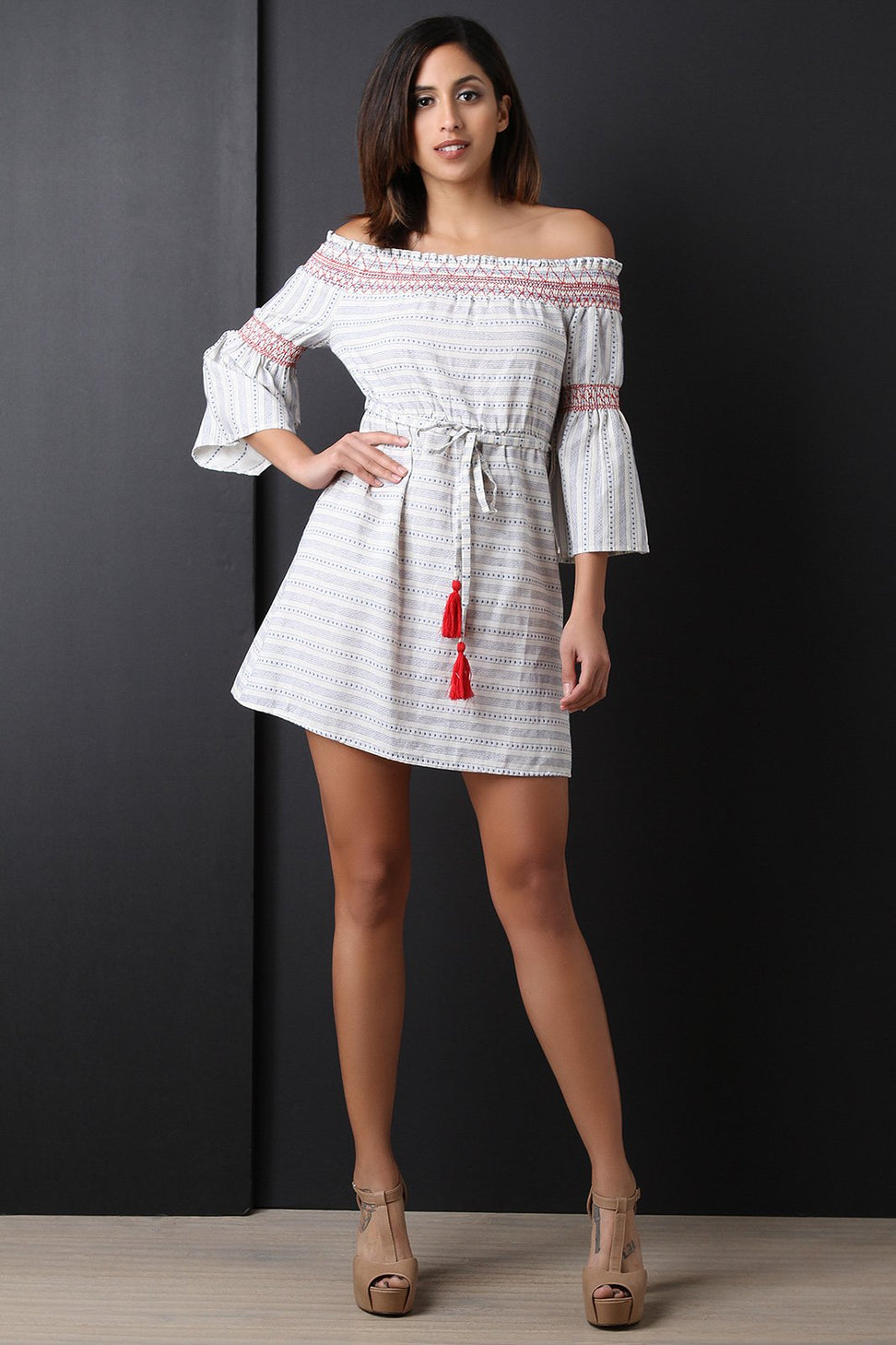 Embroidered Textured Smocked Bardot Dress