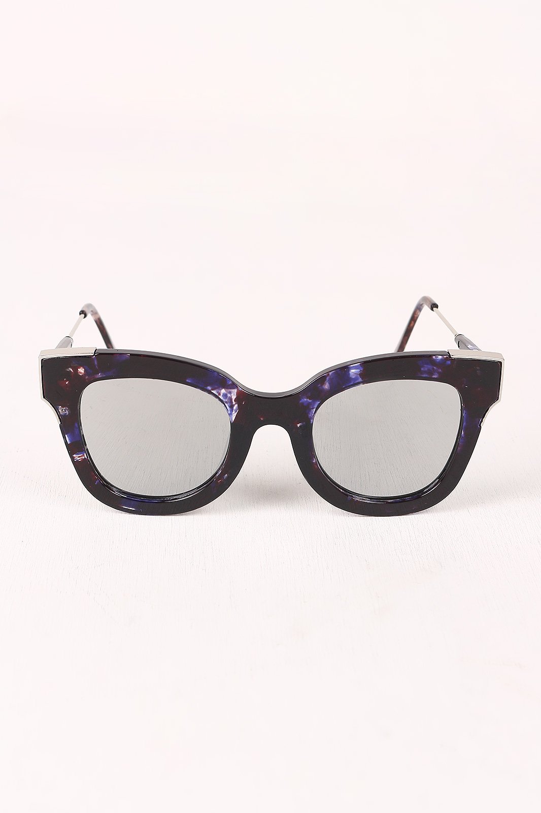 Printed Plastic Frame Metallic Accent Cat Eye Sunglasses