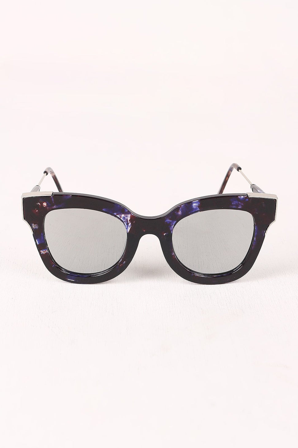 Printed Plastic Frame Metallic Accent Cat Eye Sunglasses
