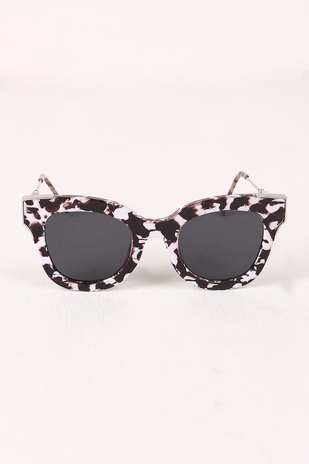 Printed Plastic Frame Metallic Accent Cat Eye Sunglasses