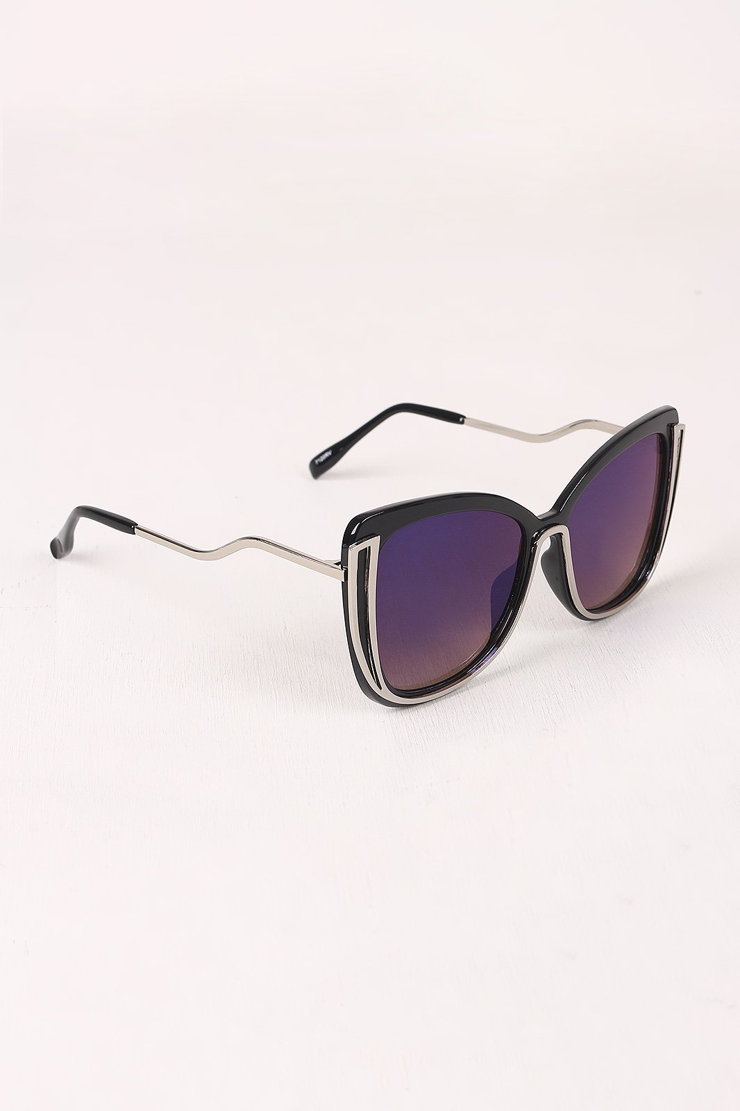 Wavy Arms Metallic Accent Mirrored Butterfly Sunglasses