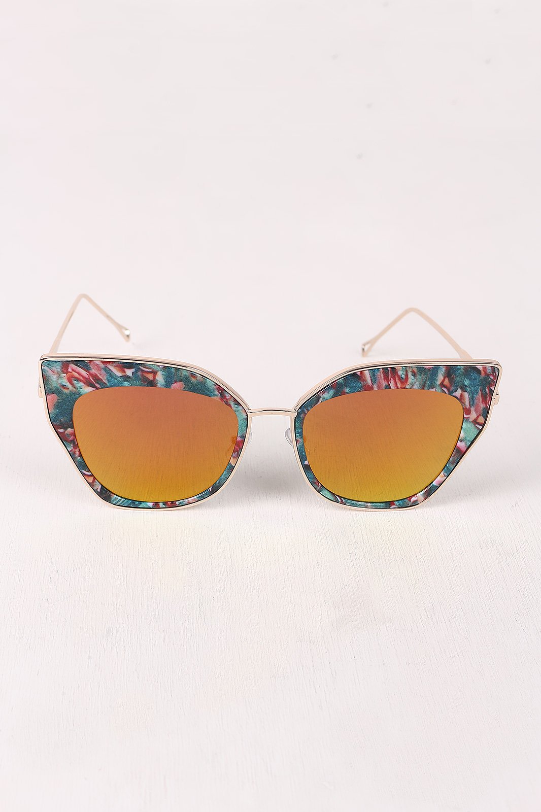 Printed Plastic And Metal Frame Mirrored Cat Eye Sunglasses
