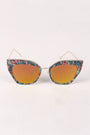 Printed Plastic And Metal Frame Mirrored Cat Eye Sunglasses
