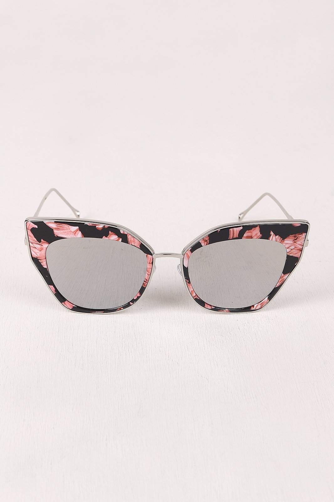 Printed Plastic And Metal Frame Mirrored Cat Eye Sunglasses