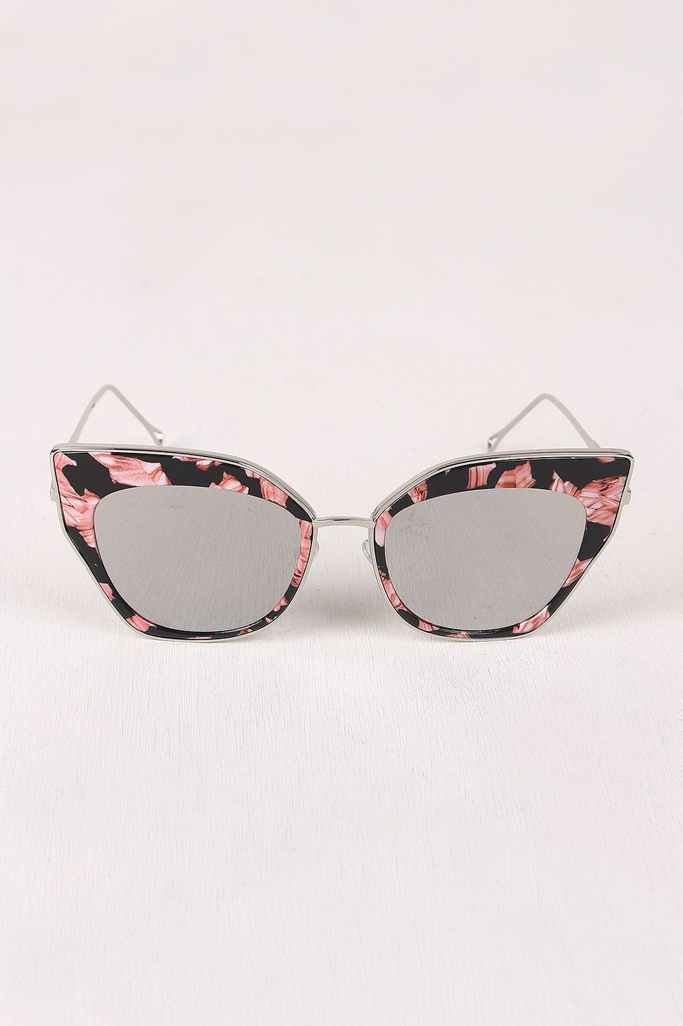 Printed Plastic And Metal Frame Mirrored Cat Eye Sunglasses