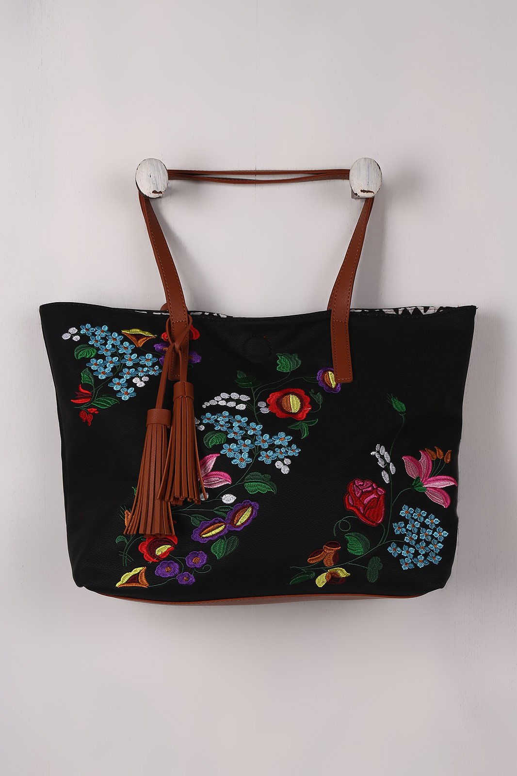 Embroidered Floral Reversible Tribal Tote Bag