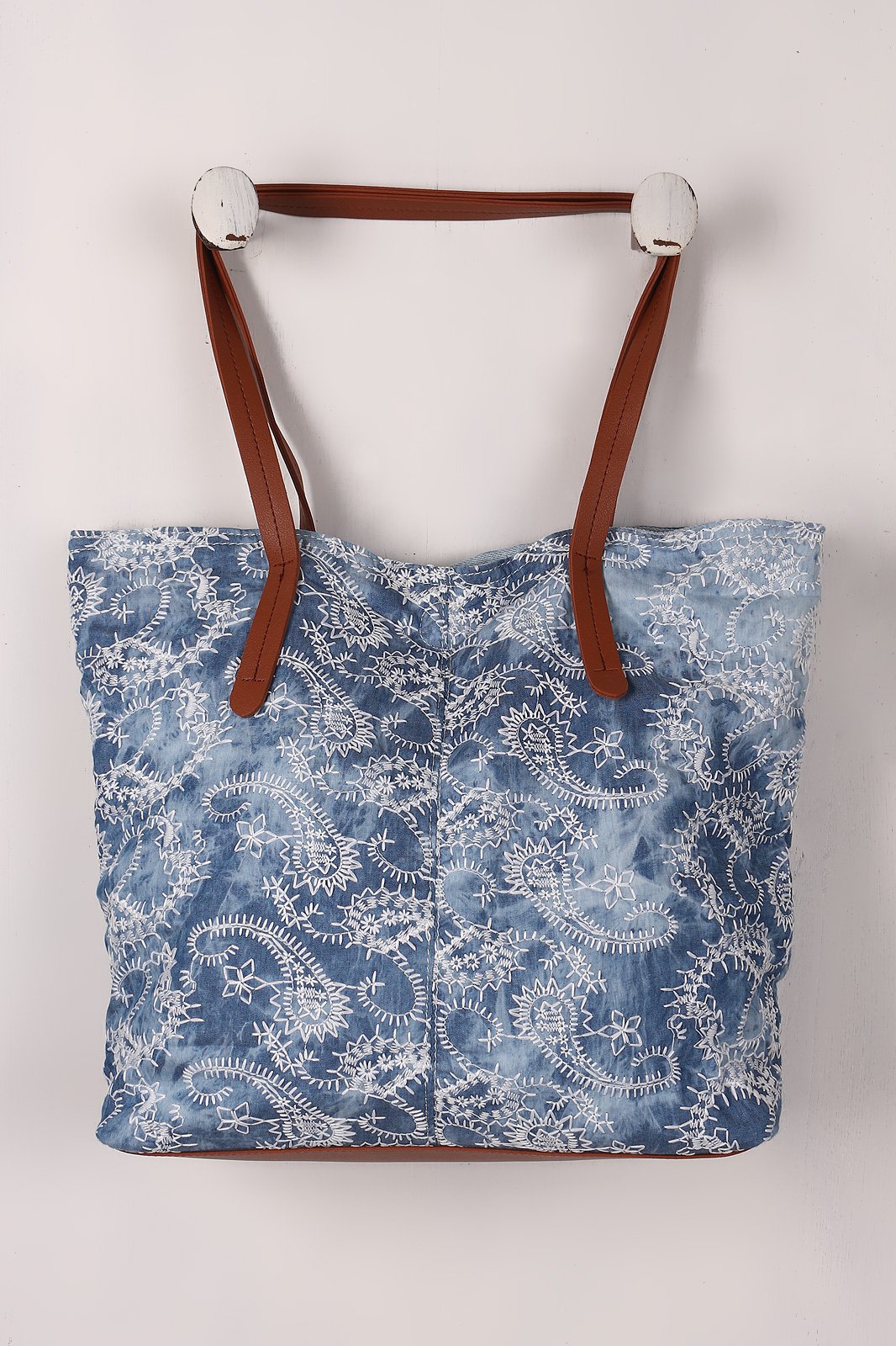 Embroidered Paisley Reversible Denim Tote Bag