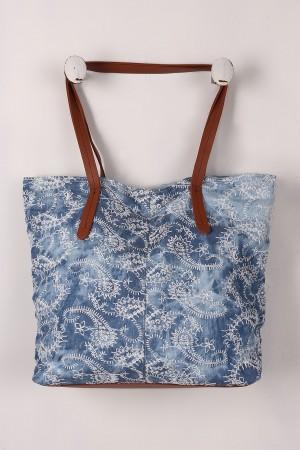 Embroidered Paisley Reversible Denim Tote Bag