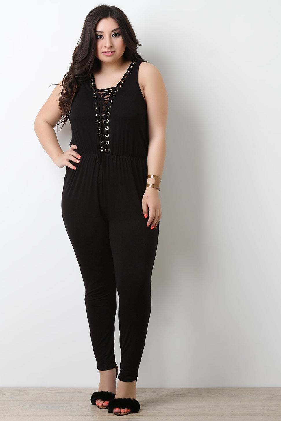 Lace-Up Sleeveless Jersey Knit Jumpsuit