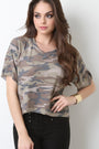 Camouflage Slit Back Raw Hem Top