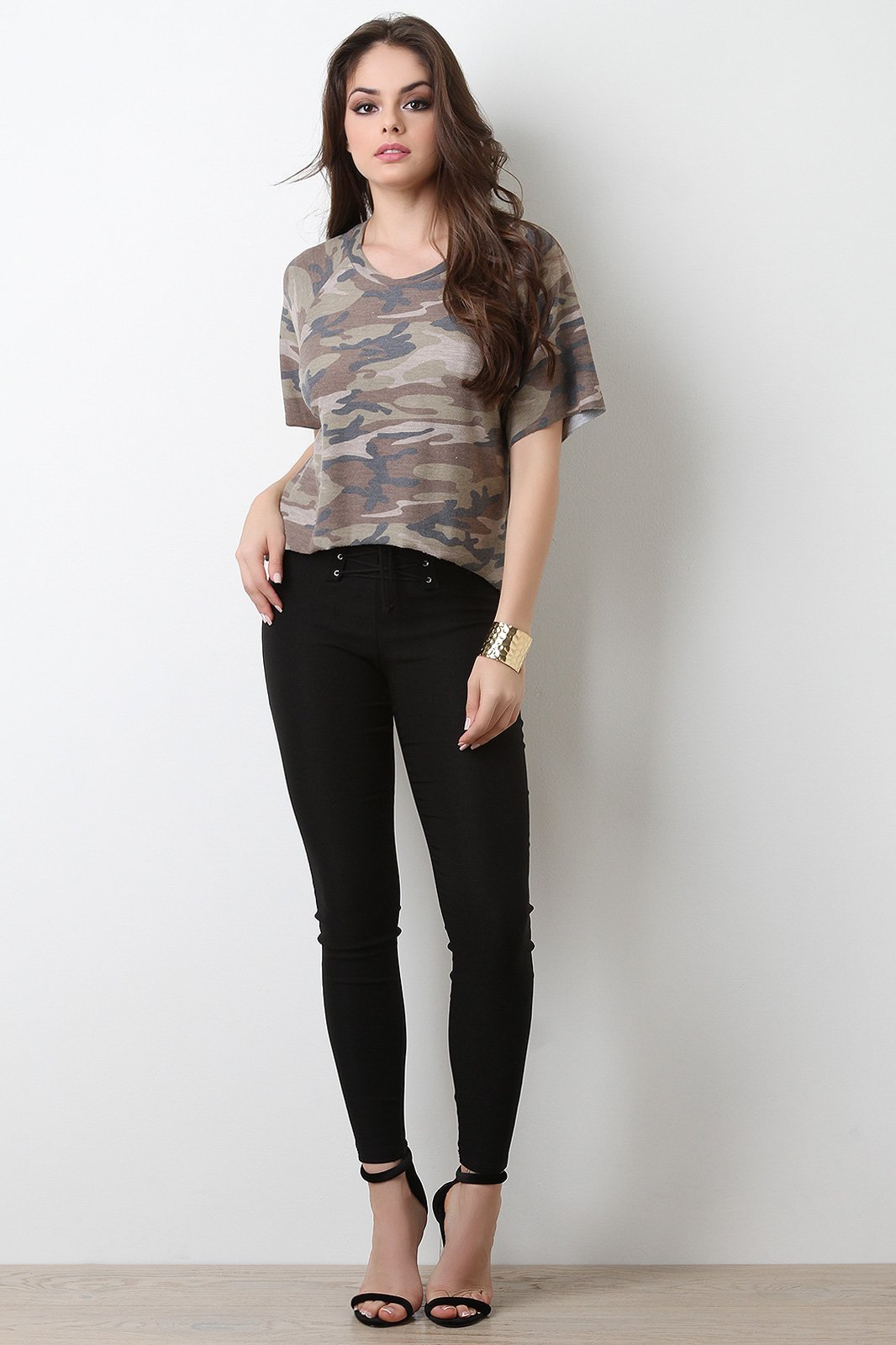 Camouflage Slit Back Raw Hem Top