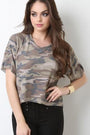 Camouflage Slit Back Raw Hem Top