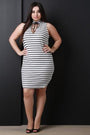 Lace-Up Choker Ribbed Knit Striped Dress